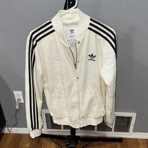 Retro Adidas Women's Cream Bomber Jacket with Black Stripes- lace detail
